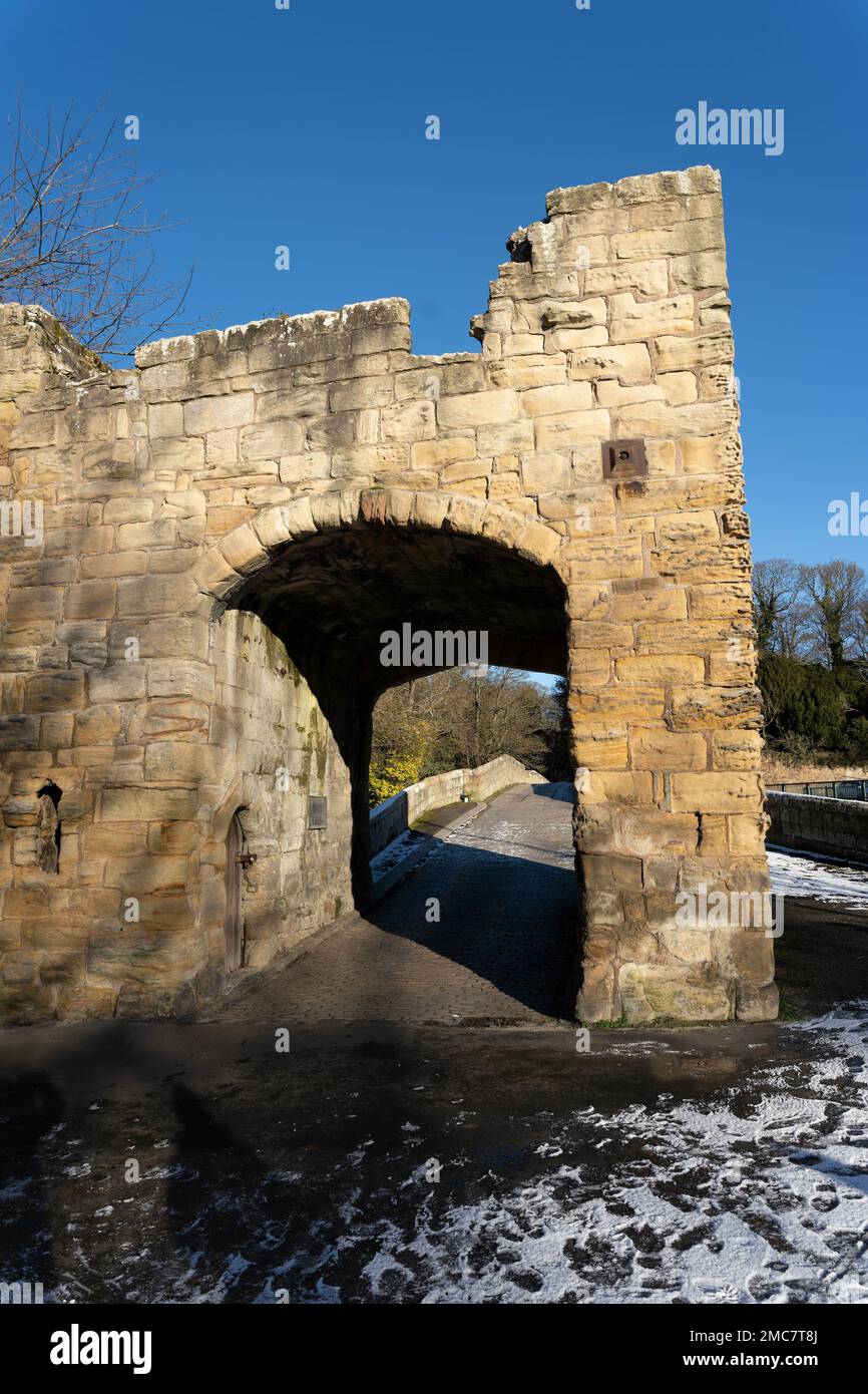 Warkworth Medieval Bridge, Warkworth, Northumberland, Großbritannien Stockfoto