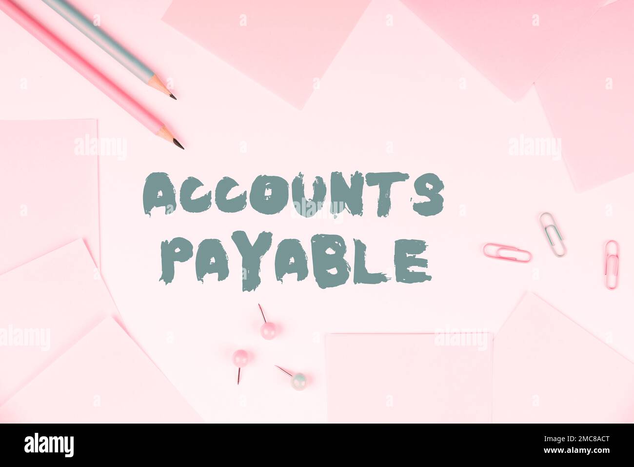 Das Zeichen zeigt die Kreditorenbuchhaltung an. Geschäftsüberblick Geld, das ein Unternehmen seinen Lieferanten als Verbindlichkeit schuldet Stockfoto