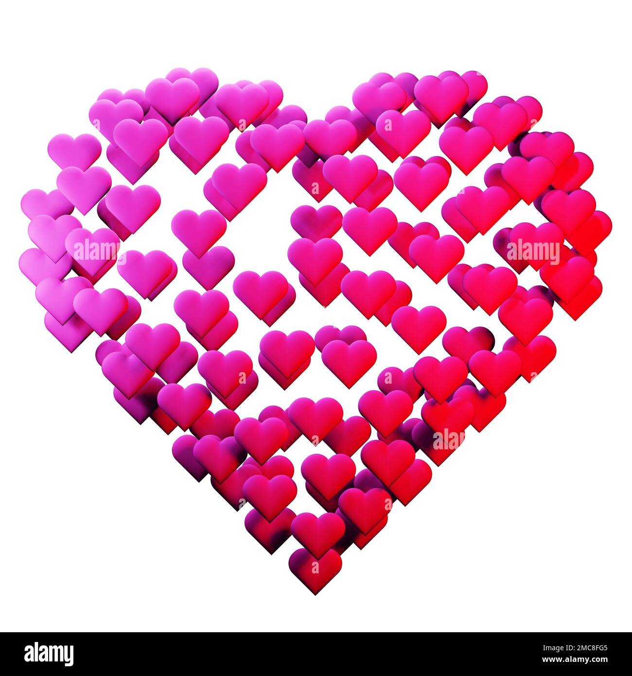 Herzen verteilen sich in Form eines Herzens auf weißem Hintergrund, romantische Einladung, 3D Uhr Rendering für Valentinstag oder Hochzeit Stockfoto