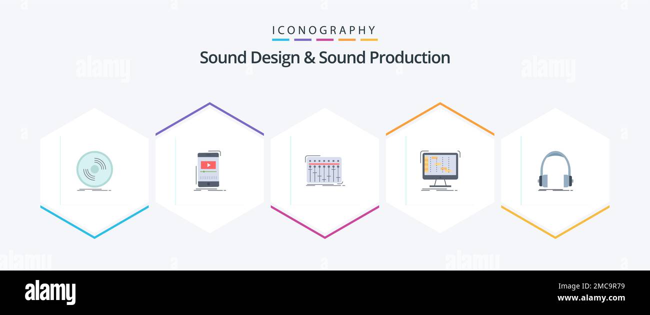 Sound Design und Sound Production 25 Flat Icon Pack mit daw. ableton. Video. studio. Mischer Stock Vektor