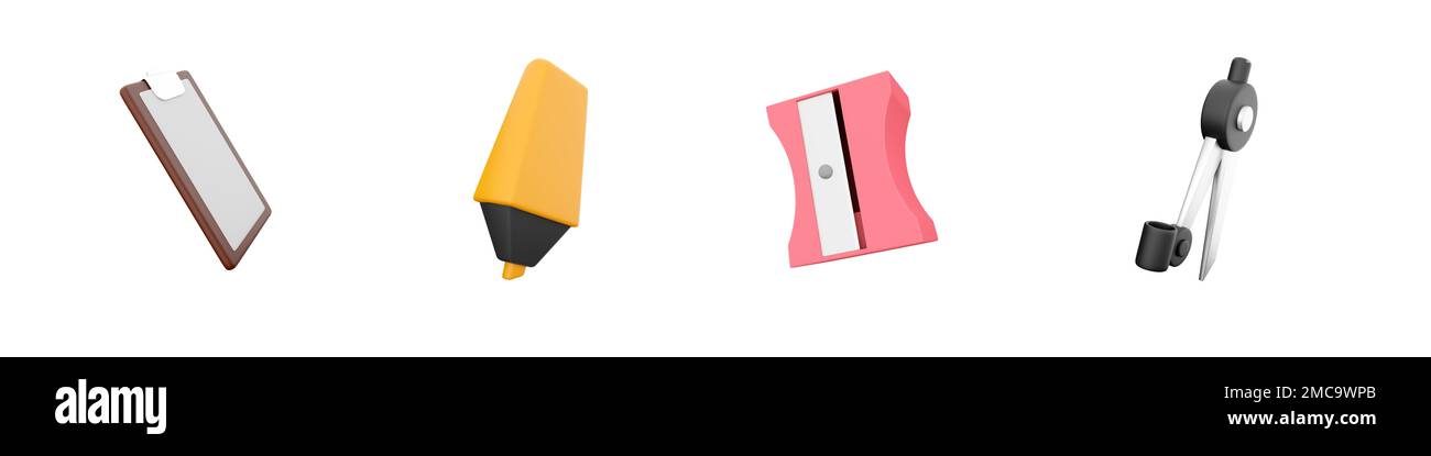 3D-Renderdatei, Markierung, Scharfzeichner, Kompasssymbol auf weißem Hintergrund. 3D-Wiedergabedatei, Markierung, Scharfzeichner, Kompass-Symbolsatz. Stockfoto