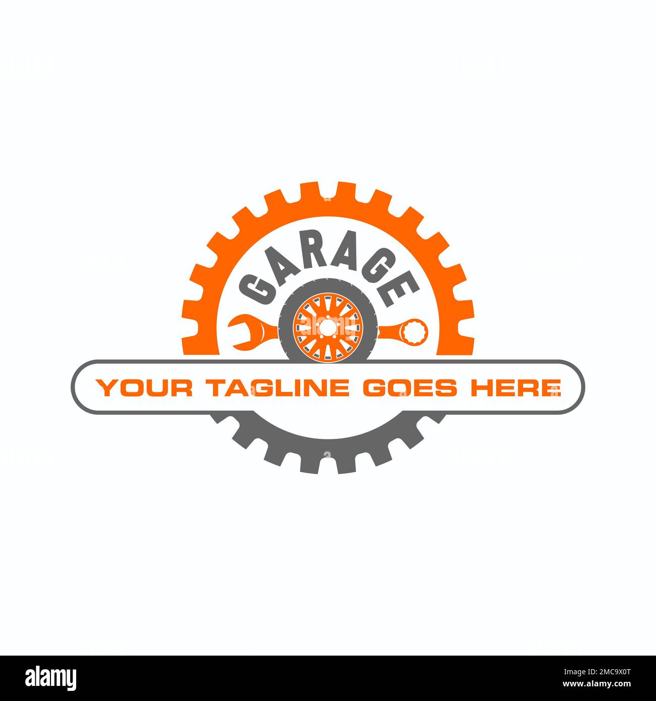 Simple Gear- oder Ersatzteil, Schraubenschlüssel und Reifensymbol Logo Design abstraktes Konzept Vektormaterial. Symbol für Transport oder Mechaniker Stock Vektor