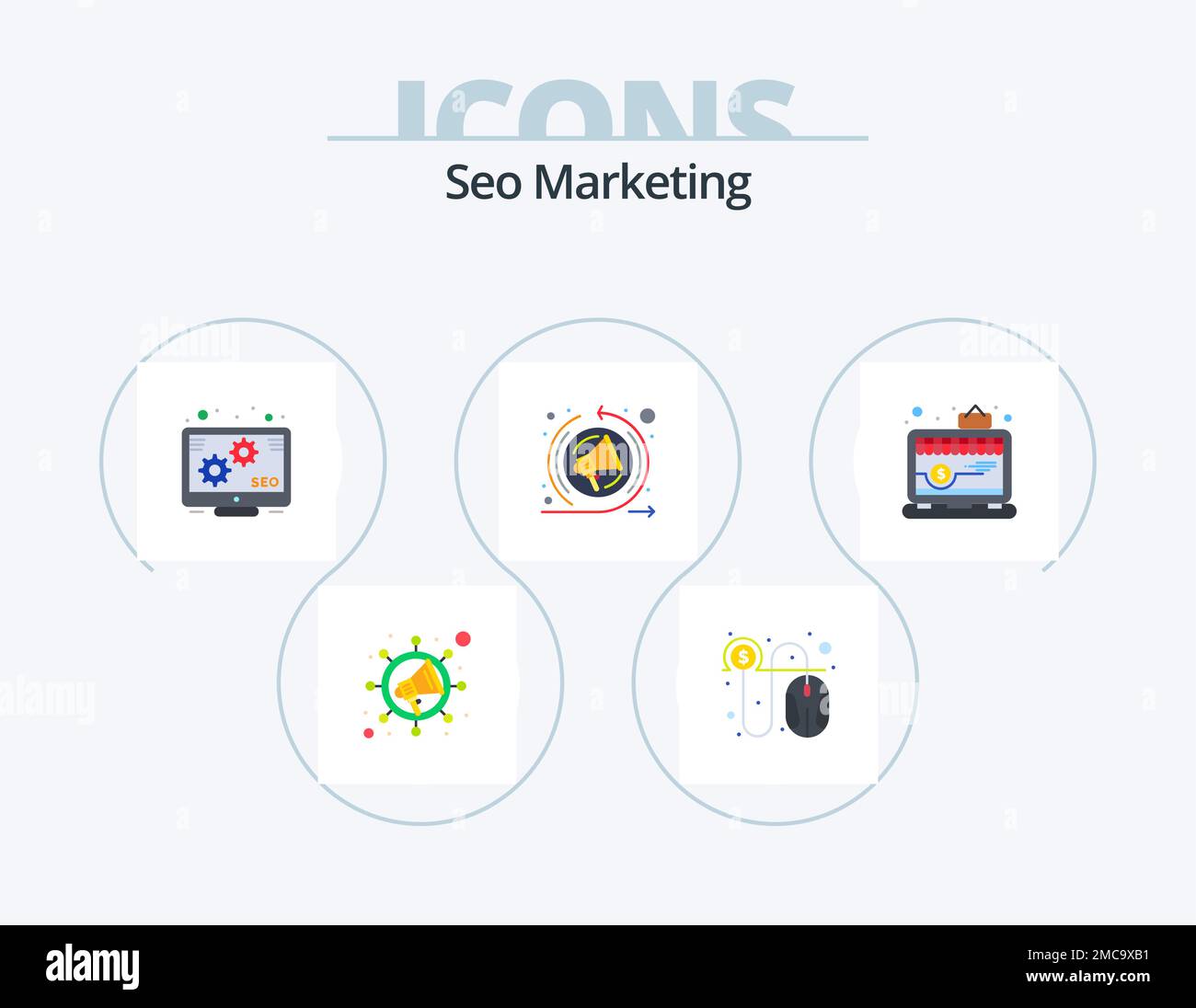 Seo Marketing Flat Icon Pack 5 Icon Design. . Einkaufen. Beförderung. Online. seo-Rede Stock Vektor