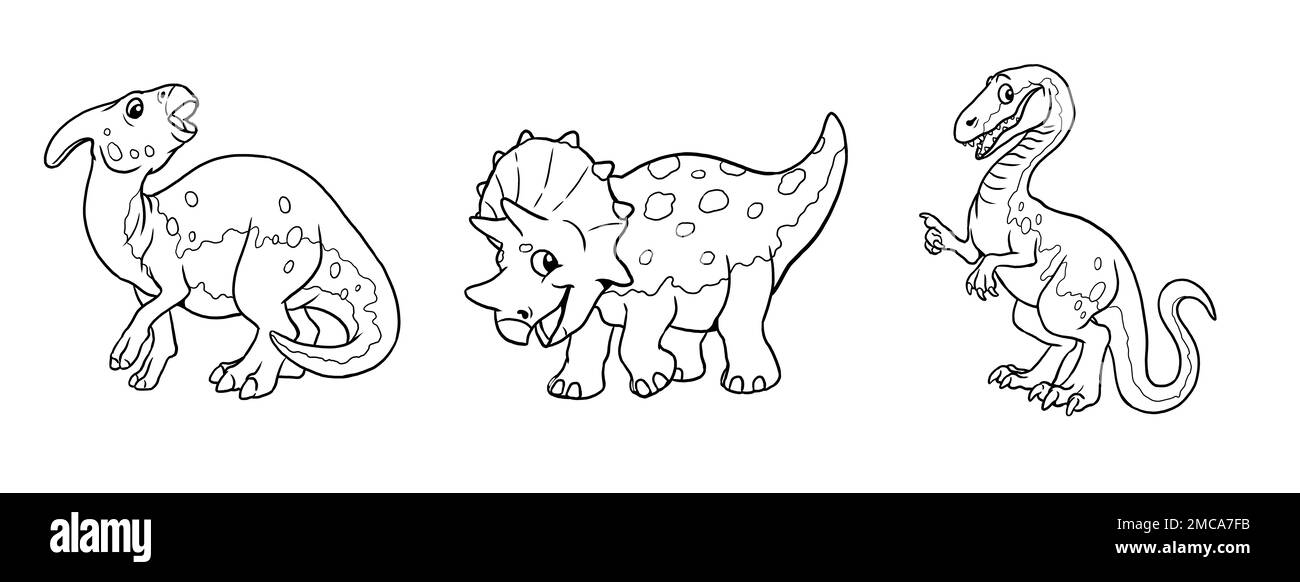Süße Dinosaurier zum Ausmalen. Vorlage für ein Malbuch mit lustigen Dinosaurier-Triceratops. Malvorlage für Kinder. Stockfoto