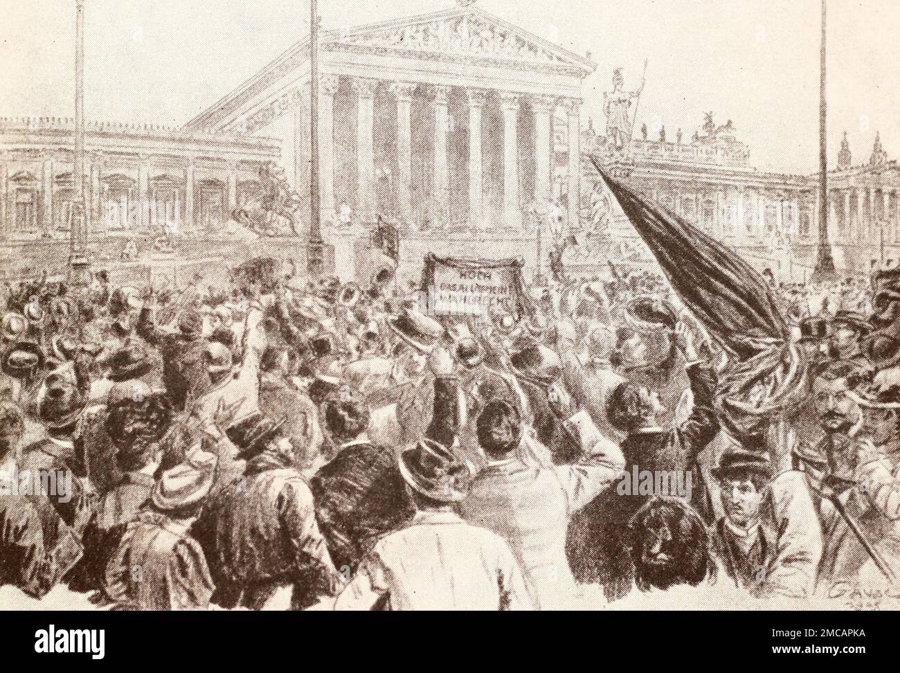 Demonstration in Wien vor dem Parlamentsgebäude. Zeichnung aus 1905. Stockfoto