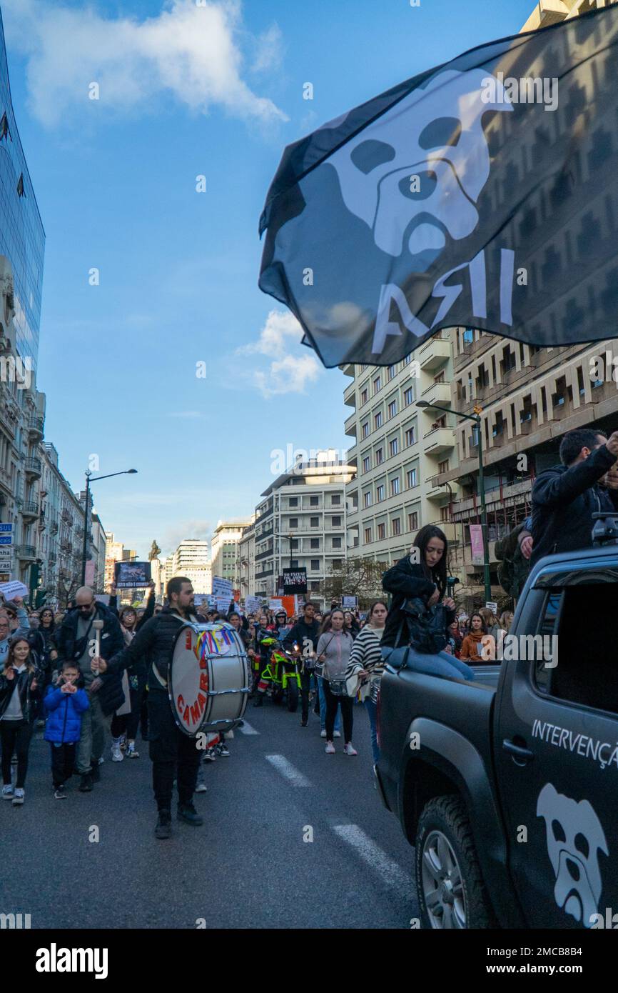 Marquês de Pombal, Lissabon, Portugal, 21. Januar 2023. Demonstration des Protestes für Tierrechte. Protest nach dem CO des Verfassungsgerichts angesetzt Stockfoto