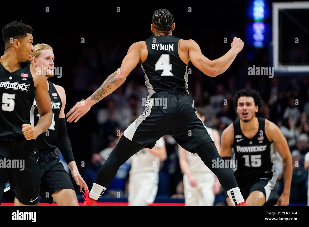 Providence Friars guard Jared Bynum (4) reacts after scoring a game