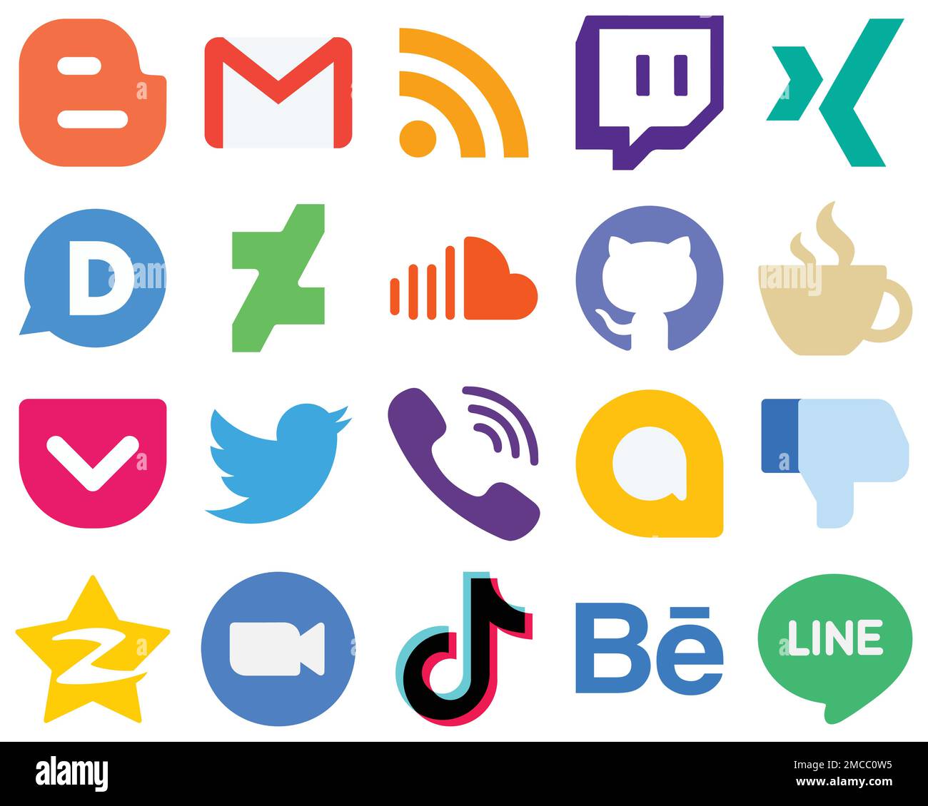 20 flache Social-Media-Symbole für eine vereinfachte Benutzeroberfläche. xing. github und Soundsymbole. Symbolgruppe „Einfacher Verlauf“ Stock Vektor