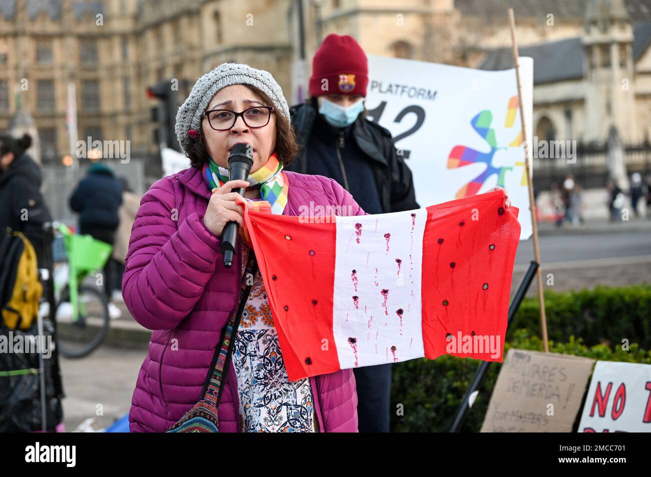 Parliament Square, London, UK, 21 Januar 2023: Protest: Peru fordert, dass Präsident Martin Vizcarra vom Volk wieder gewählt wird, behauptet Dina Boluarte, Präsidentin von Peru, weil sie 60 Peruaner getötet hat, und stoppt den amerikanischen Putsch. Kredit: Siehe Li/Picture Capital/Alamy Live News Stockfoto