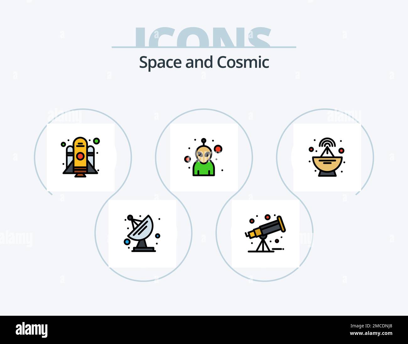 Space Line Filled Icon Pack 5 Icon Design. Sonne. Planet. Leerzeichen. astronomie. Leerzeichen Stock Vektor