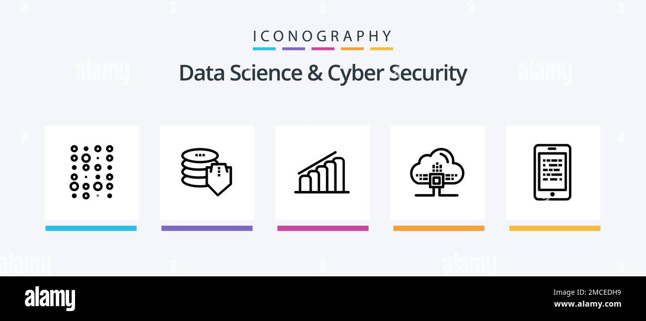 Data Science und Cyber Security Line 5 Icon Pack inklusive Buch. Datenscince. Unstrukturiert. Uhr. Messen. Kreatives Symboldesign Stock Vektor