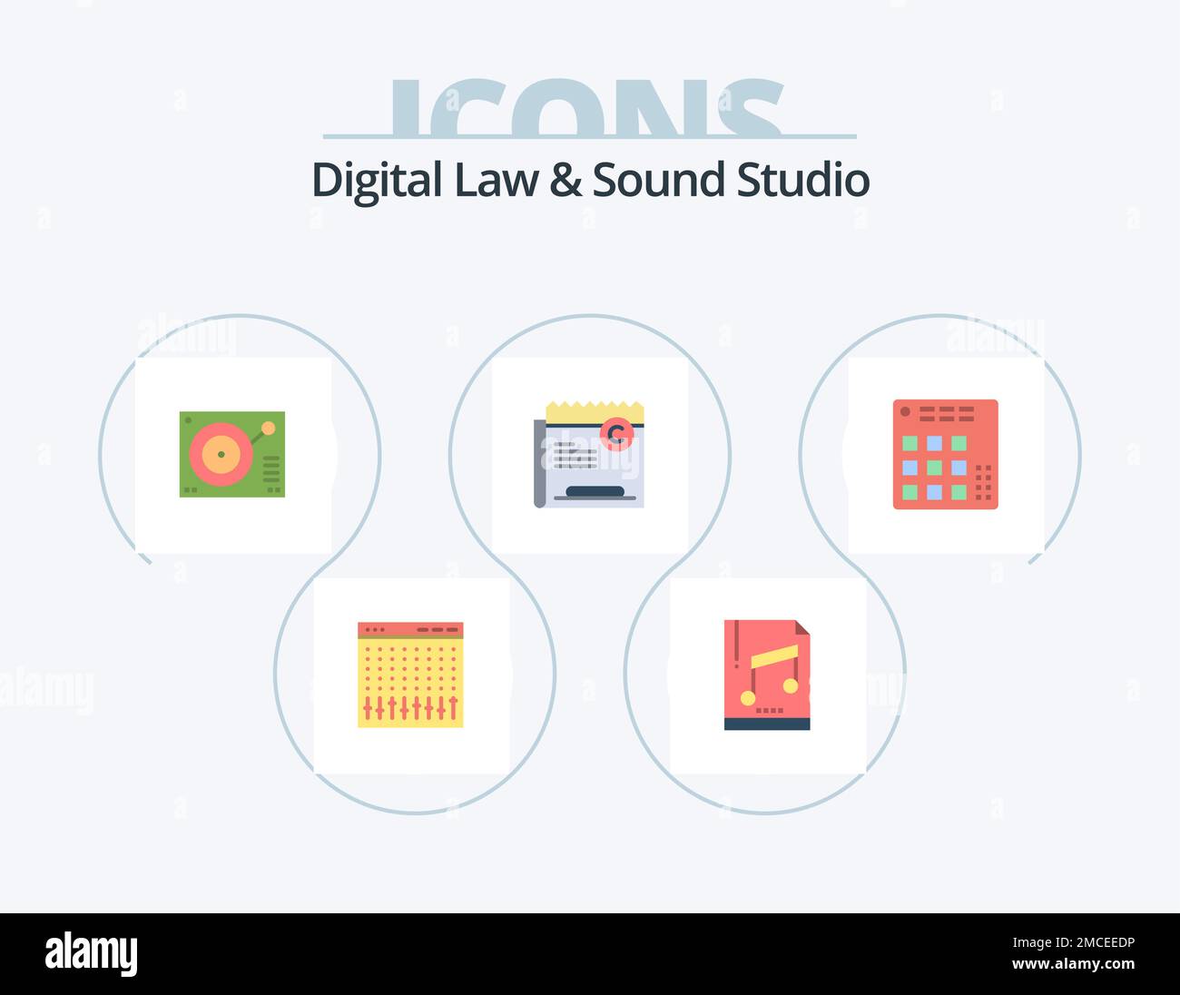 Digital Law And Sound Studio Flat Icon Pack 5 Icon Design. - Ja, genau. Copyright. mp-Probe. Verstanden. Spieler Stock Vektor