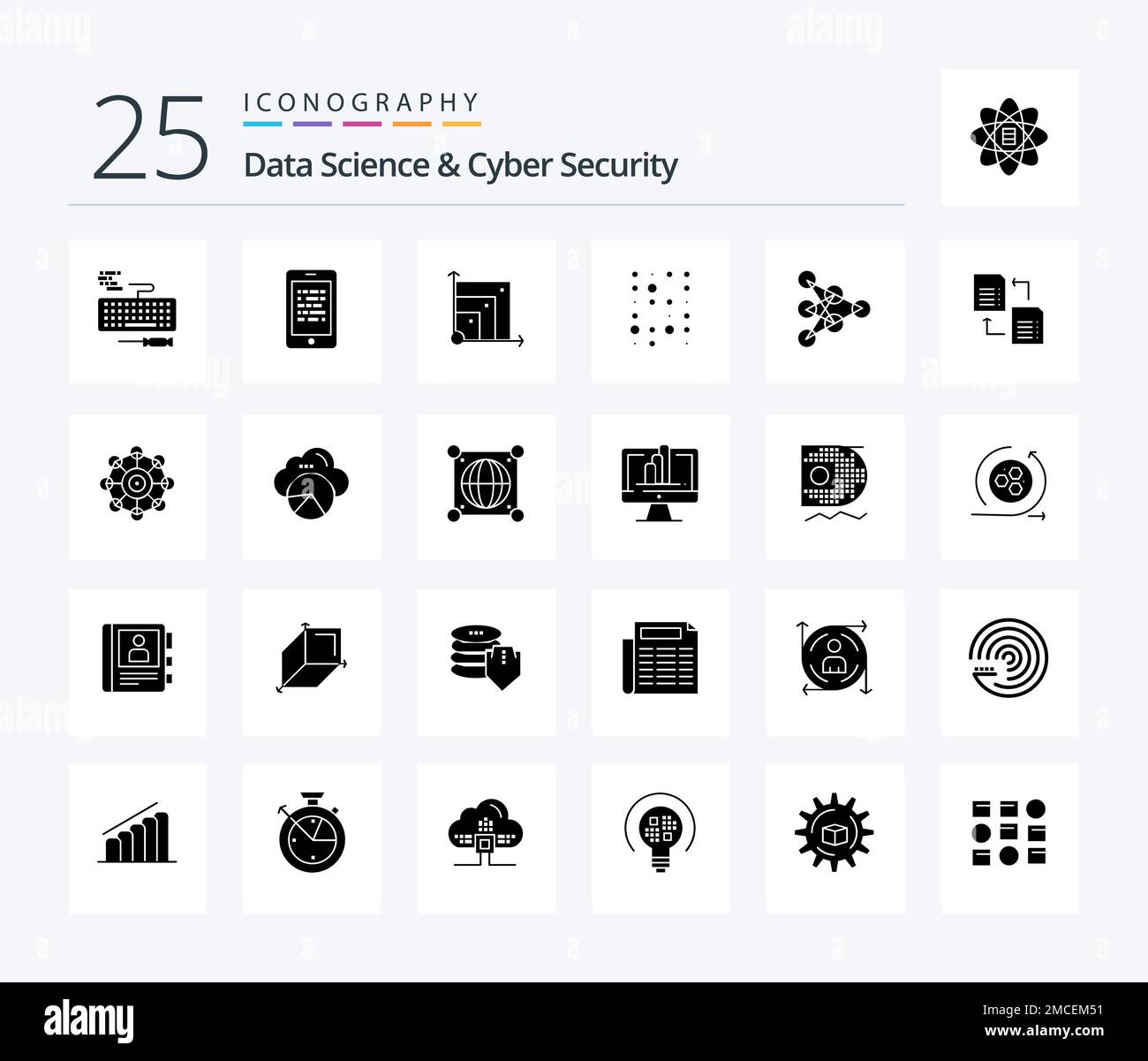 Data Science und Cyber Security 25 Solid Glyph-Symbolpaket mit Lerninhalten. Instrukturdaten. e-learning. Daten. Scrince Stock Vektor