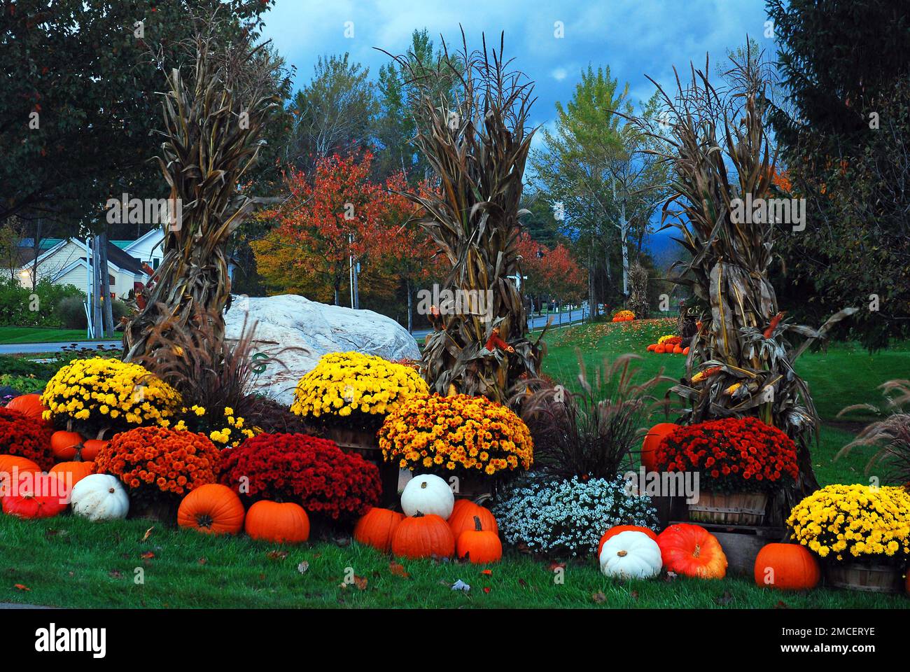 Die Herbstdekor befindet sich unter stürmischem Himmel in Vermont Stockfoto