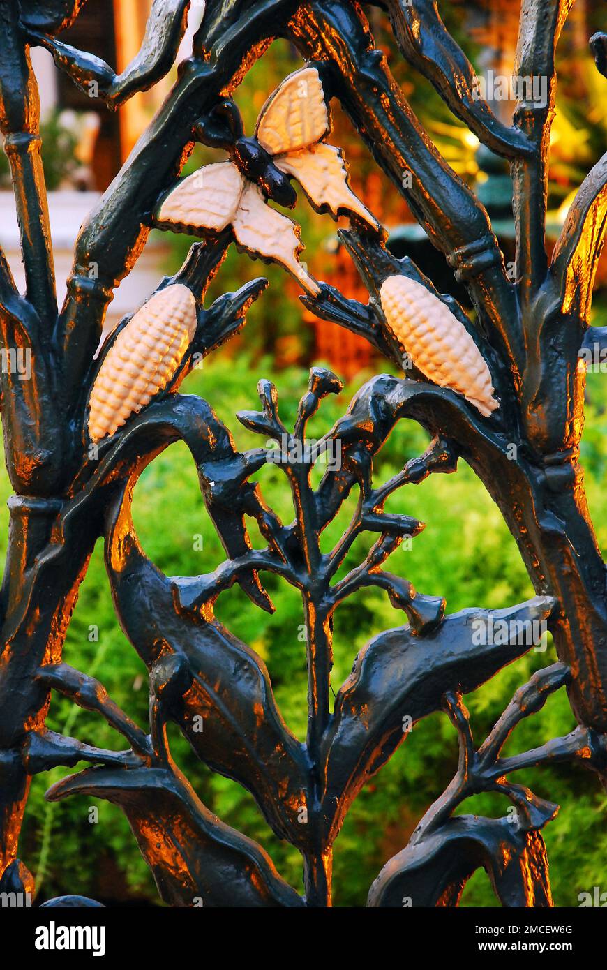 Ein schmiedeeiserner Zaun mit Cornstalk Design ist das Metalltor eines Hauses im French Quarter in New Orleans Stockfoto