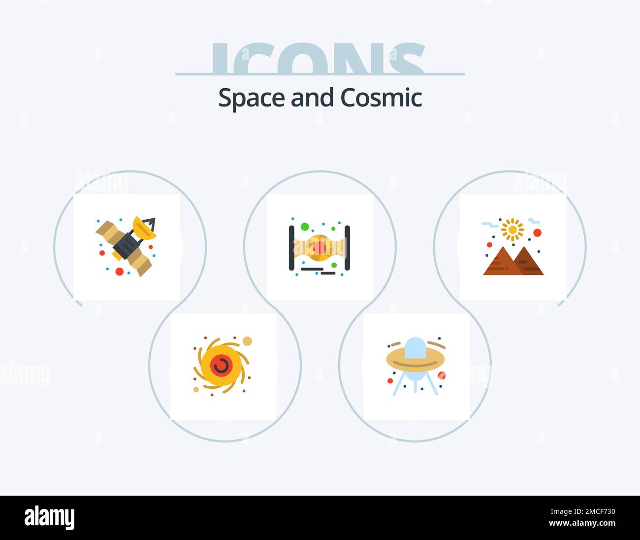 Space Flat Icon Pack 5 Icon Design. . Sonne. Satellit. Leerzeichen. Sternenkriege Stock Vektor