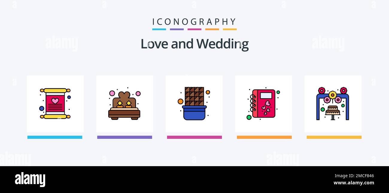 Hochzeitslinie gefüllt 5 Icon Pack inklusive Dekoration. Liebe. Foto. Kuchen. Liebe. Kreatives Symboldesign Stock Vektor