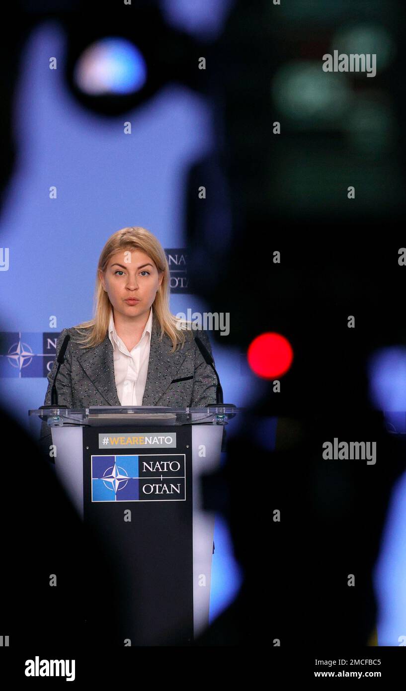 Olga Stefanishyna, Deputy Prime Minister for European and Euro-Atlantic Integration of Ukraine, speaks during a media conference at NATO headquarters in Brussels, Monday, Jan. 10, 2022. (AP Photo/Olivier Matthys) Stockfoto