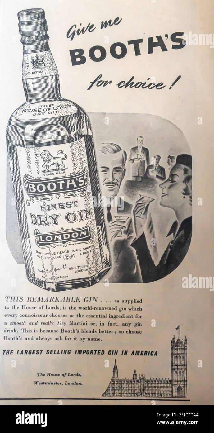 Booth's Gin-Werbung in einer Zeitschrift 1951 Stockfoto