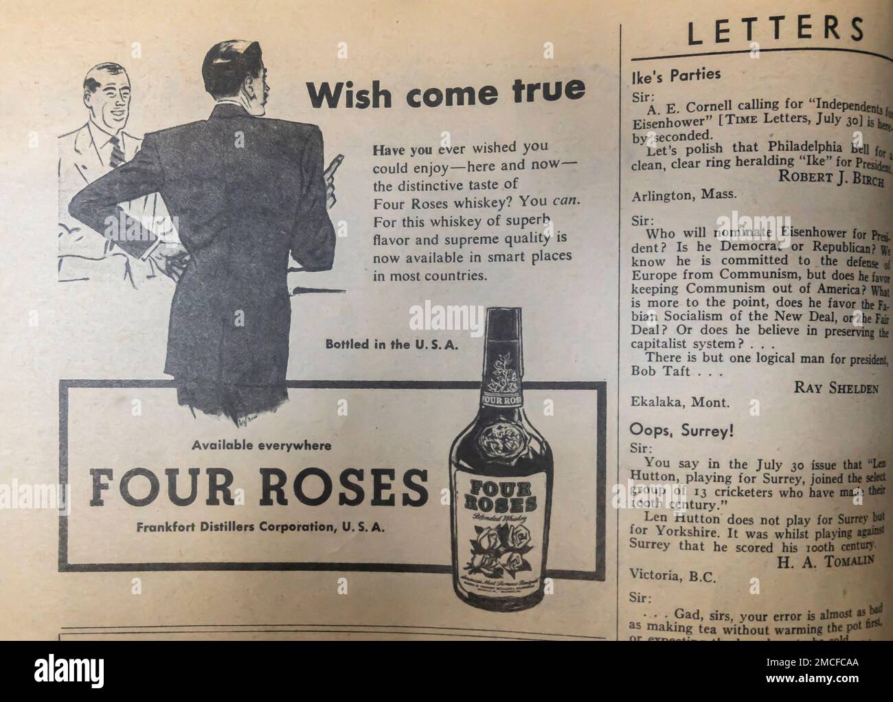 Vier Rosen Whiskey-Vintage-Werbespot in einer Zeitschrift 1951 Stockfoto