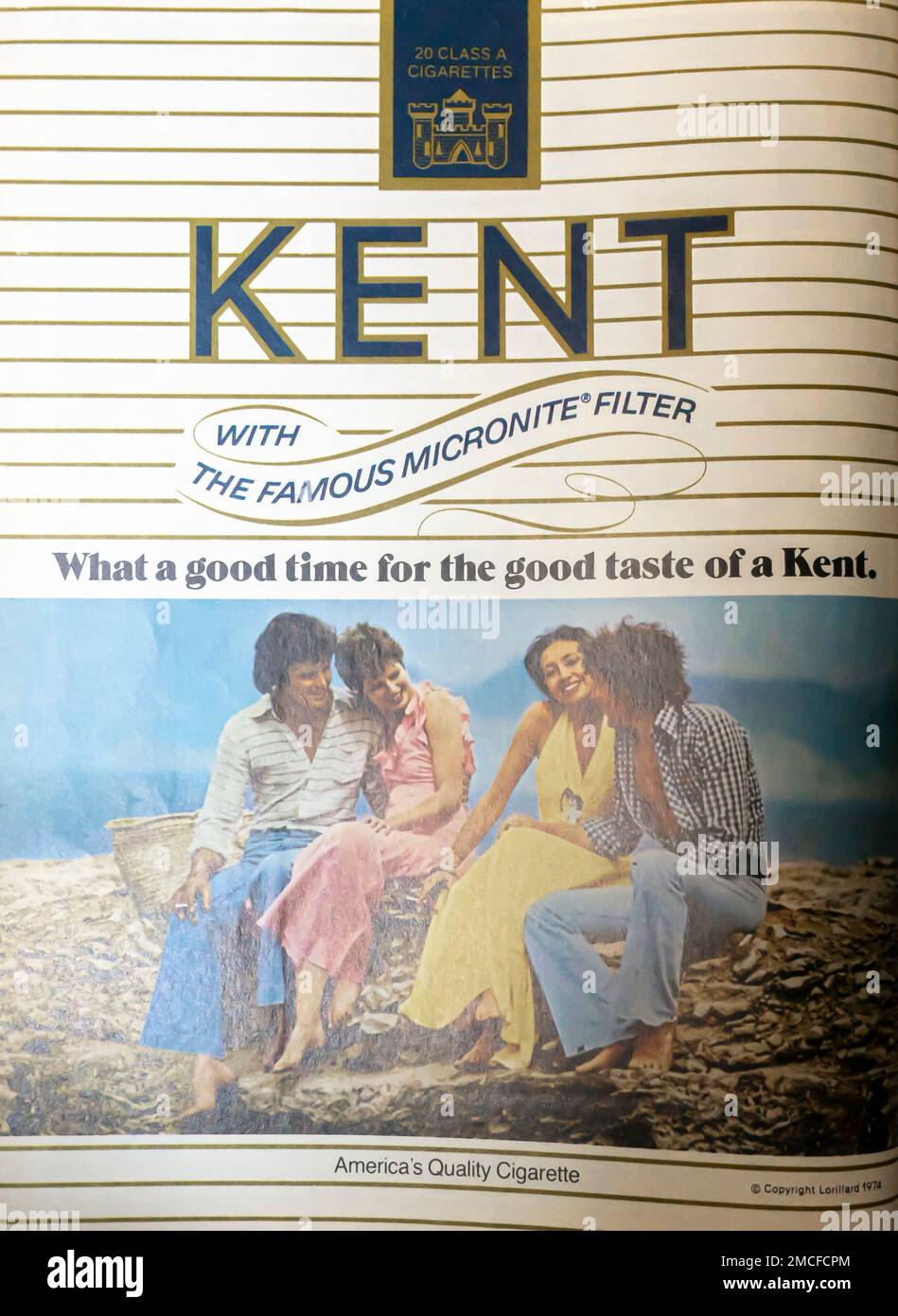 KENT-Zigarettenwerbung in einer Zeitschrift 1974 Stockfoto