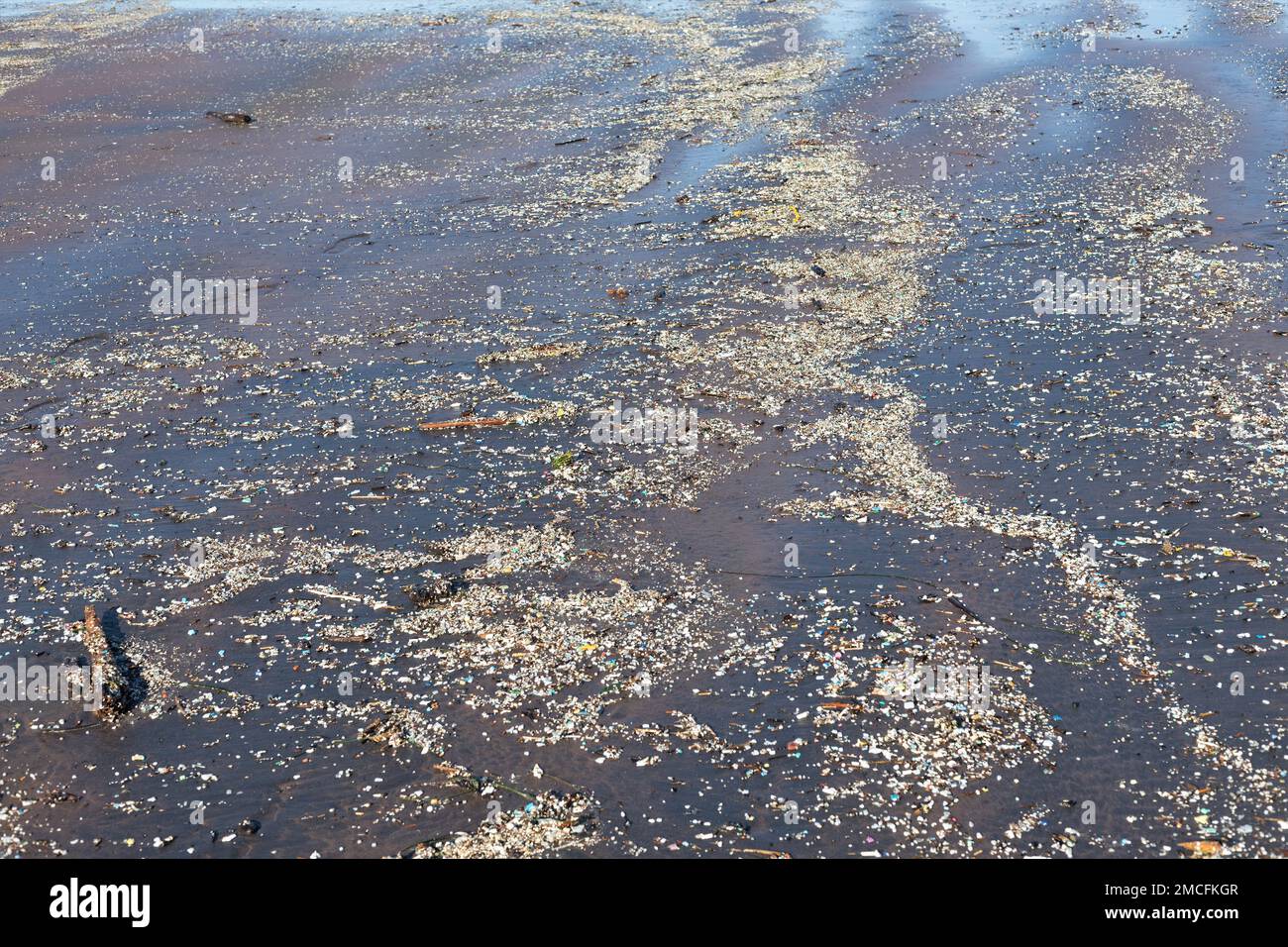 Kleine Plastikpartikel, die an einem Strand in Newport, Oregon, angespült wurden. Stockfoto