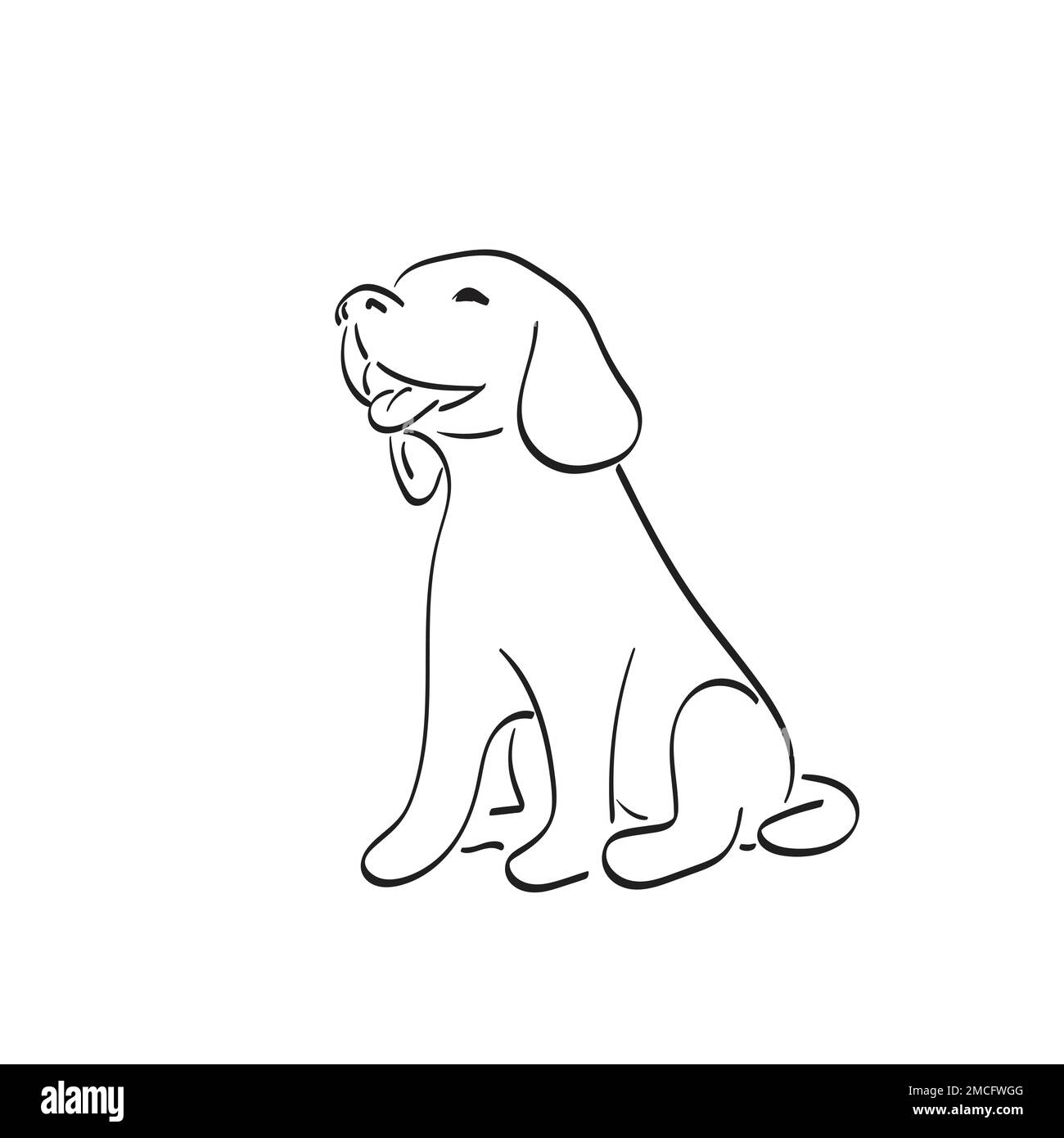 Lächelndes und sitzendes Hündchen Illustration Vektor von Hand gezeichnet, isoliert auf weißem Hintergrund mit Strichzeichnungen. Stock Vektor