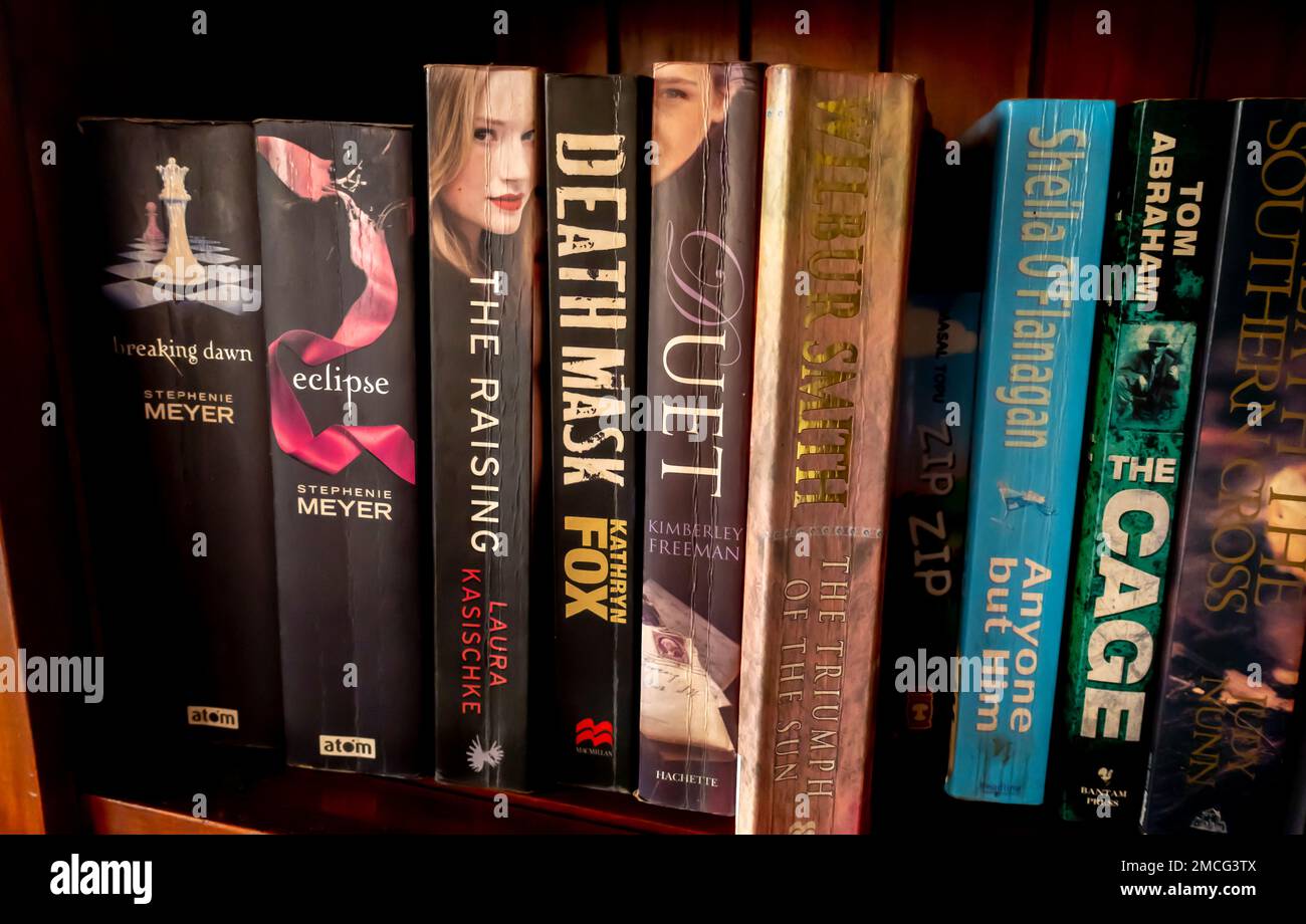 Romantik-Taschenbücher auf einem Regal - Romantik-Frauen Autorinnen Romane abgenutzt. Stockfoto