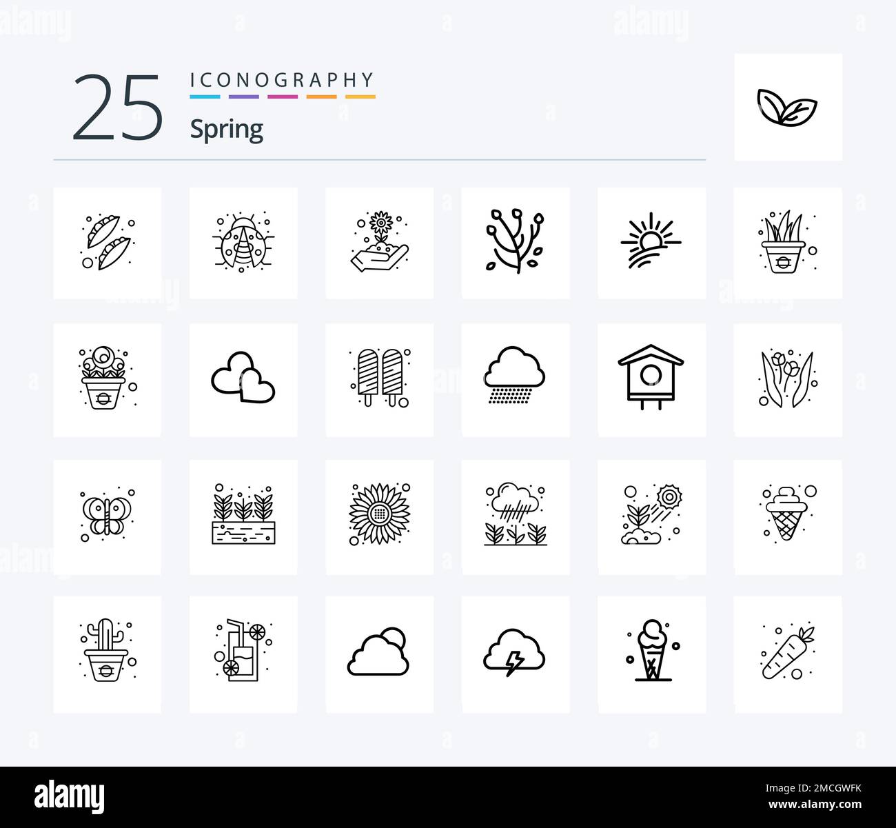 Spring 25 Line Icon Pack mit Licht. Frühlingsblume. Gartenarbeit. Blume. Anemone Stock Vektor