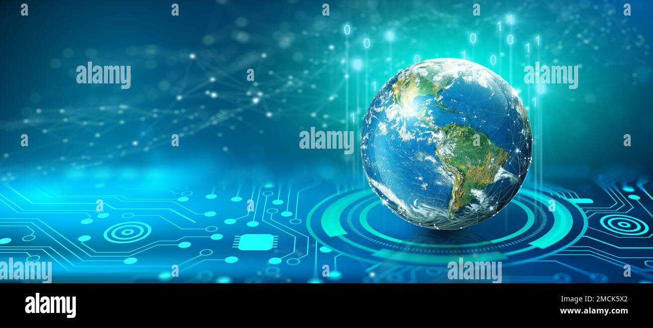 Globales Social Network- und Business Connection-Konzept. Digitale Welt auf dem konvergierenden Punkt der Schaltung. Zukunft des Internets und der Technologie. Stockfoto