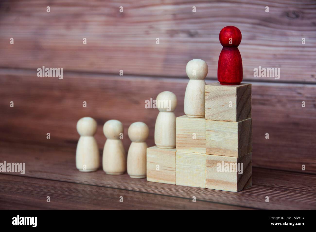 Die rote Figur auf Holzblöcken führt andere Figuren zum Erfolg. Konzept für Führungsqualitäten und Unternehmenskultur. Stockfoto