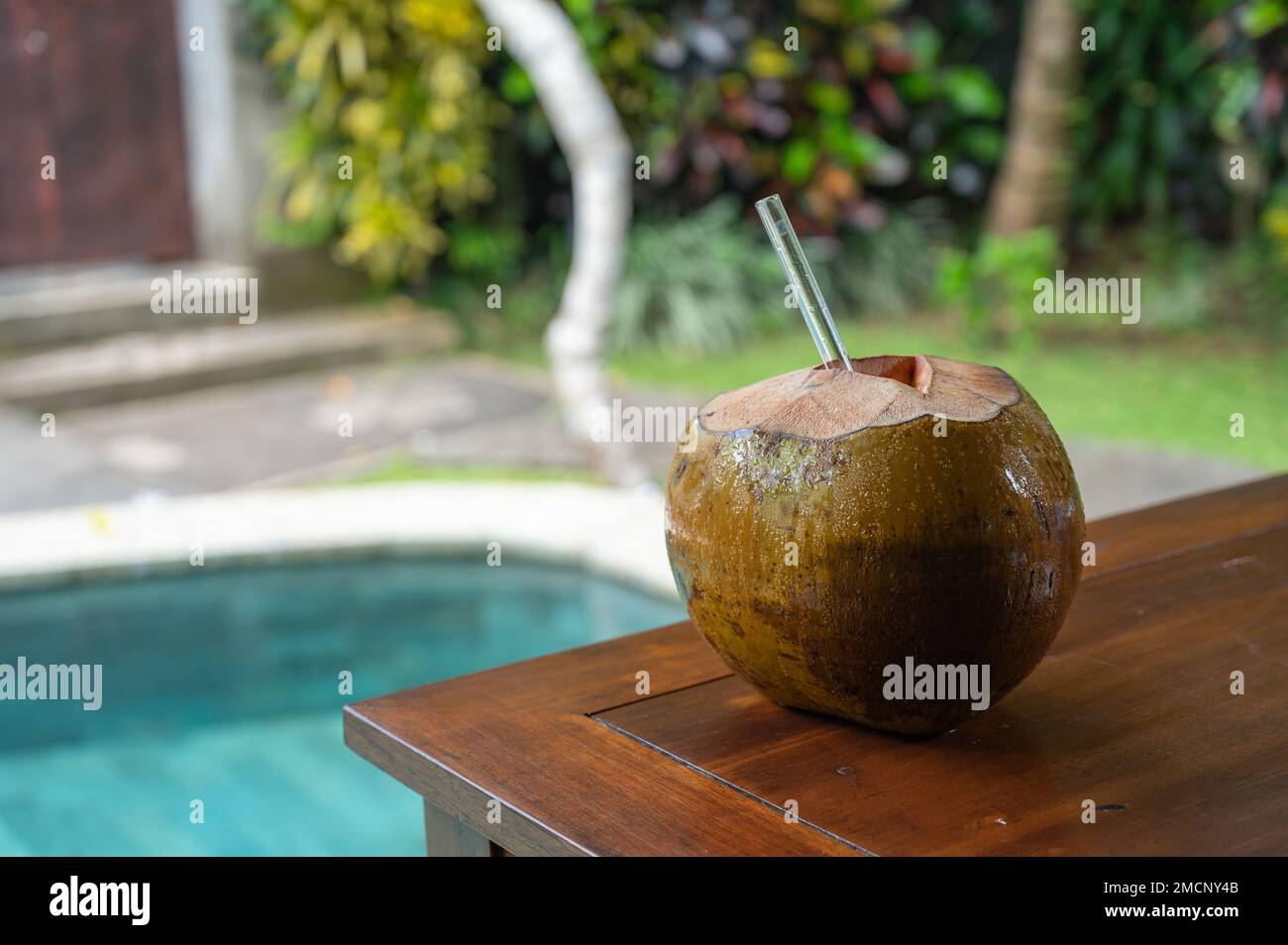 Offene Kokosnuss mit Glasstroh in der Nähe des Swimmingpools Stockfoto