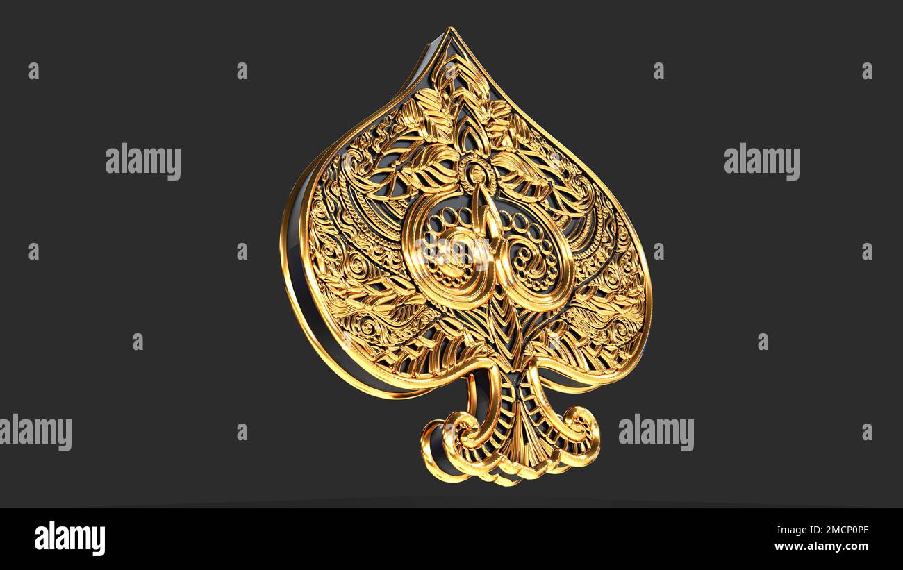 Traditionelles Ass, Kartensymbol isoliert auf schwarzem Hintergrund. Ass-Symbole mit traditionellen Motiven. 3D-Rendering Stockfoto