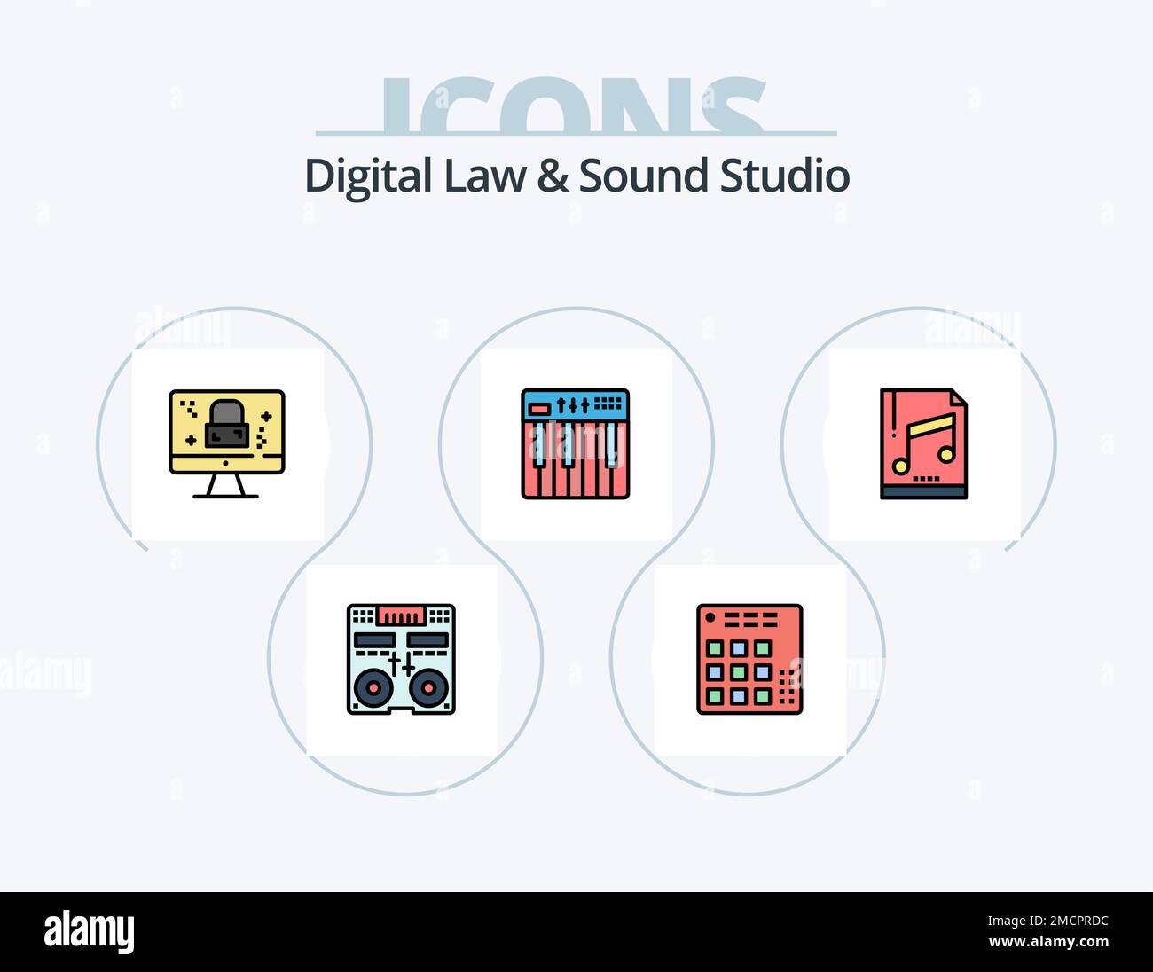 Digital Law And Sound Studio Line Filled Icon Pack 5 Icon Design. Kassette. Analog. Multimedia. Online. Gesetz Stock Vektor