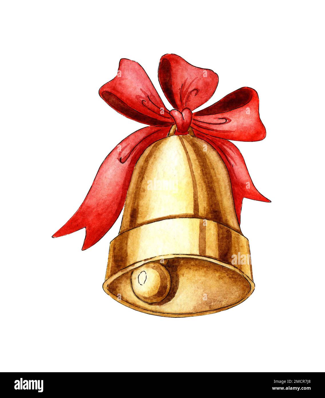Aquarelle goldene Metallglocke mit roter Schleife auf weißem Hintergrund. Symbol für Weihnachten und Neujahr, Schulglocke, alte Glocke. Von Hand gezeichnet. Stockfoto
