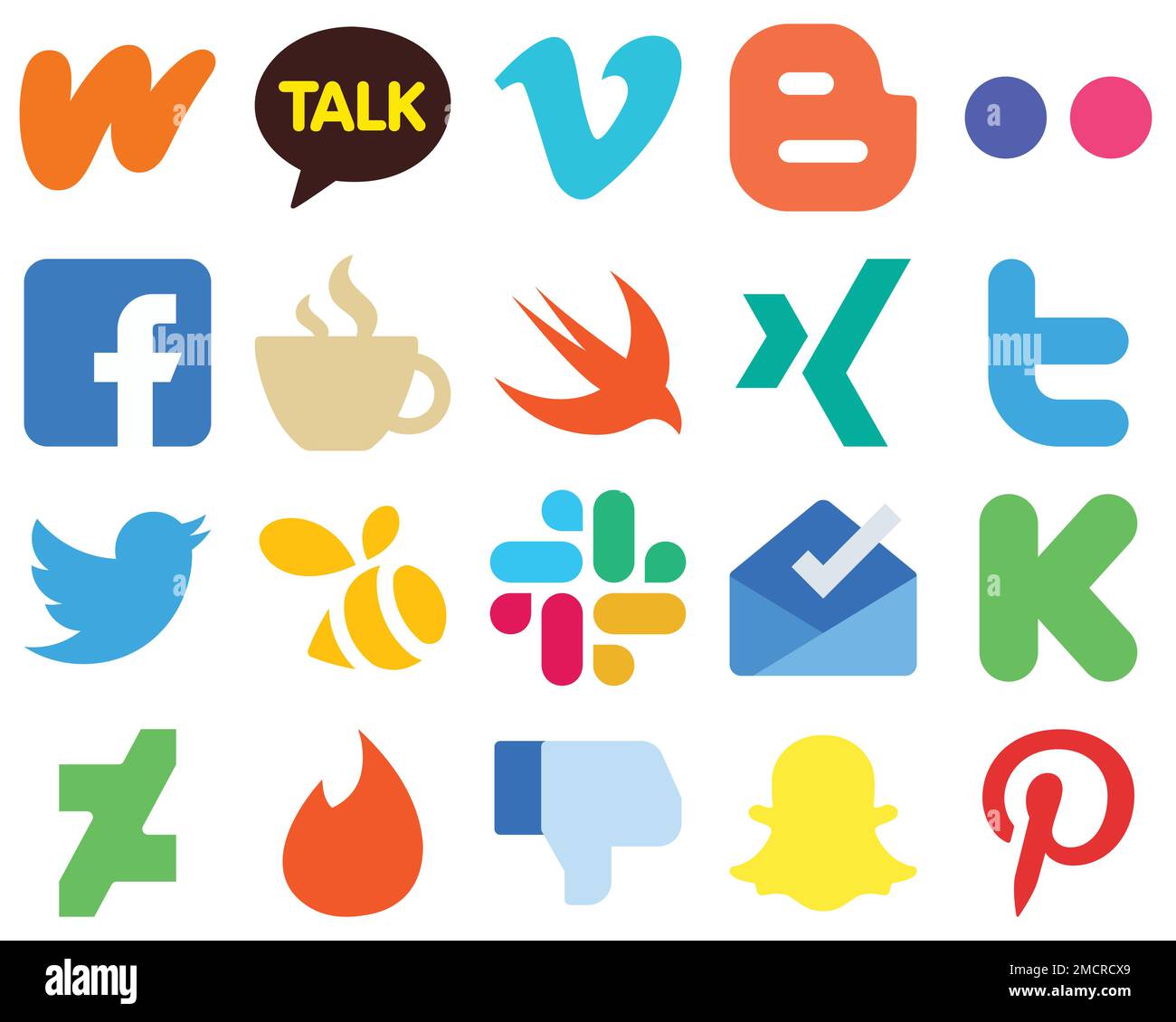 20 flache Social-Media-Symbole für eine vereinfachte Twitter-Benutzeroberfläche. Schnell. yahoo und Koffein-Ikonen. Symbolgruppe „Einfacher Verlauf“ Stock Vektor