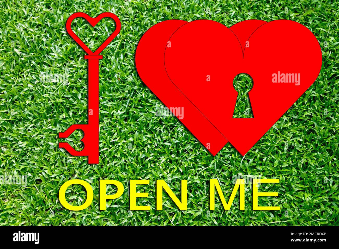 Liebe, zwei rote Herzen mit Schloss und Schlüssel, auf grünem Grashintergrund. valentinstag Stockfoto