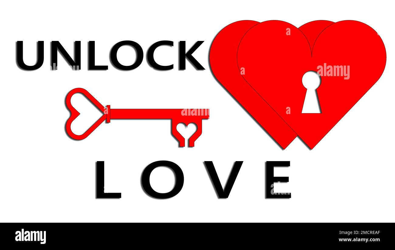 valentinstag, Liebe: Offen für die Liebe, zwei rote Herzen mit Schlüssel für Glück, um Herzen zu entfesseln. Abbildung auf weißem Hintergrund in 3D-Grafiken. Stockfoto