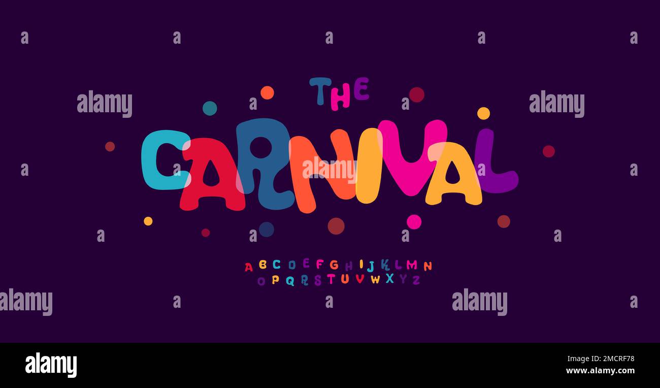 Karneval buntes Alphabet, verspielte Buchstaben, lustige Festschrift für helles Fiesta-Logo, mexikanische Überschrift, Geburtstag und Grußkarte Typografie Stock Vektor