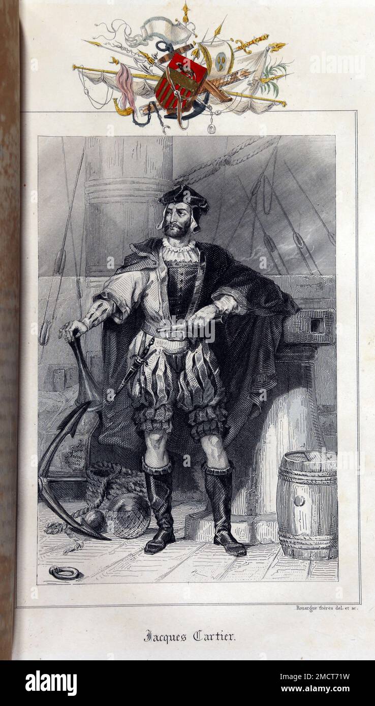 Jacques Cartier (1491-1557) - Gravur von " Les Navigateurs francais: histoire des Navigations, decouvertes, et Colonisations francaises" von Leon Guerin - 1847 Stockfoto