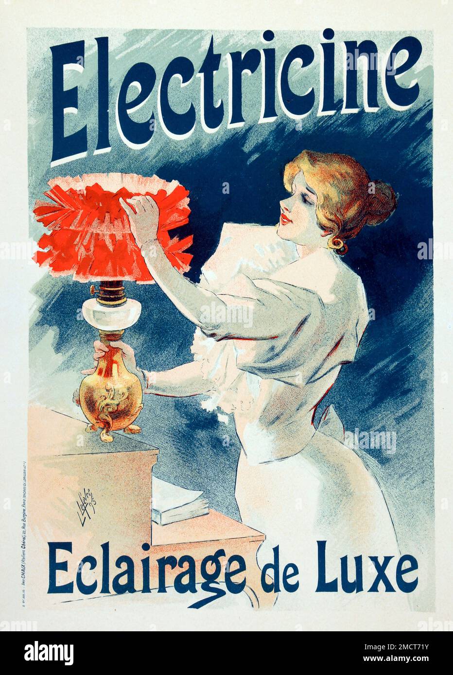 Reproduktion eines Plakats mit „Electricine“ Luxury Lighting - Affiche pour l'Electricine, eclairage Deluxe, 1893 - Illustration de Lucien Lefevre (1850-1902) - Extrait de „Les Maitres de l'affiche: Publikation mensuelle contenant la Reproduktion des plus belles affiches illustrees des grands artistes, francais et etrangers, editee par L'Imprimerie Chaix, Paris' 1896-1900, Text de Roger-Marx (1859-1913) Stockfoto