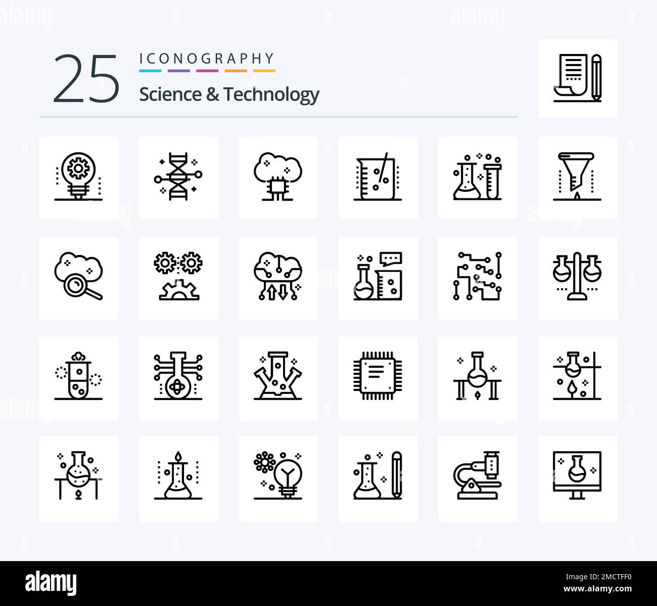 Science and Technology 25 Line Symbolpaket einschließlich Chemieindustrie. Säure. Genetische Modifikation. Cloud-Software. Cloud-Netzwerke Stock Vektor
