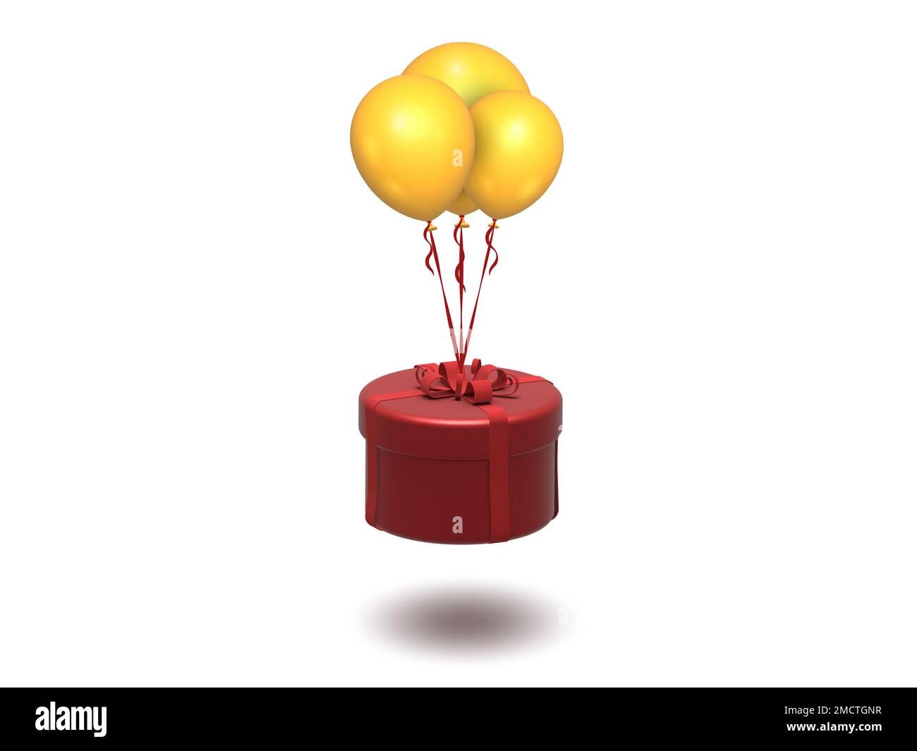 Realistische, isolierte Geschenkbox mit Ballons im 3D-Stil. Designelement für Feiern. Stockfoto