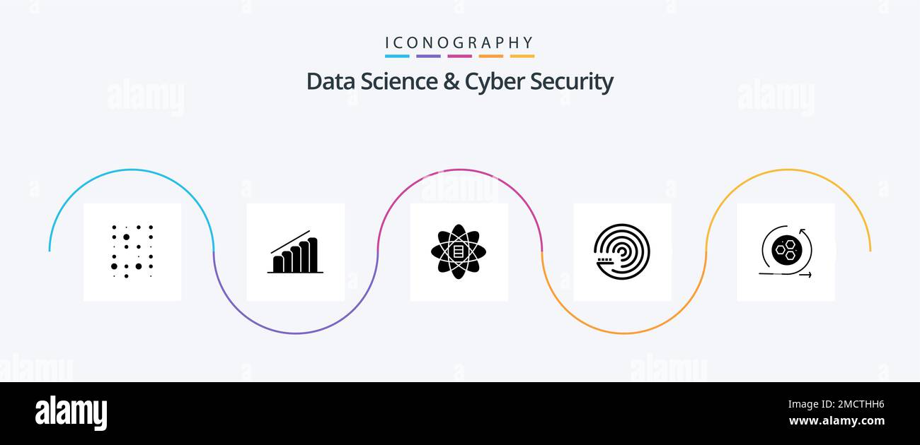 Data Science und Cyber Security Glyph 5 Icon Pack mit API Scrince. Daten. Prognosemodell. Prognosen Stock Vektor