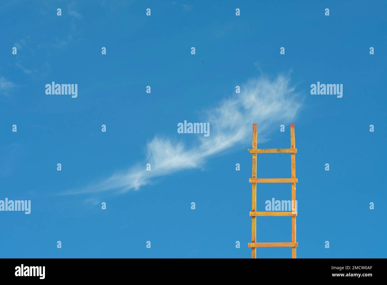 Entwicklung einer Geschäftsvision und Ideenkonzept. Die Erfolgsleiter führt zu einer Wolke am blauen Himmel. Großer Kopierraum Stockfoto