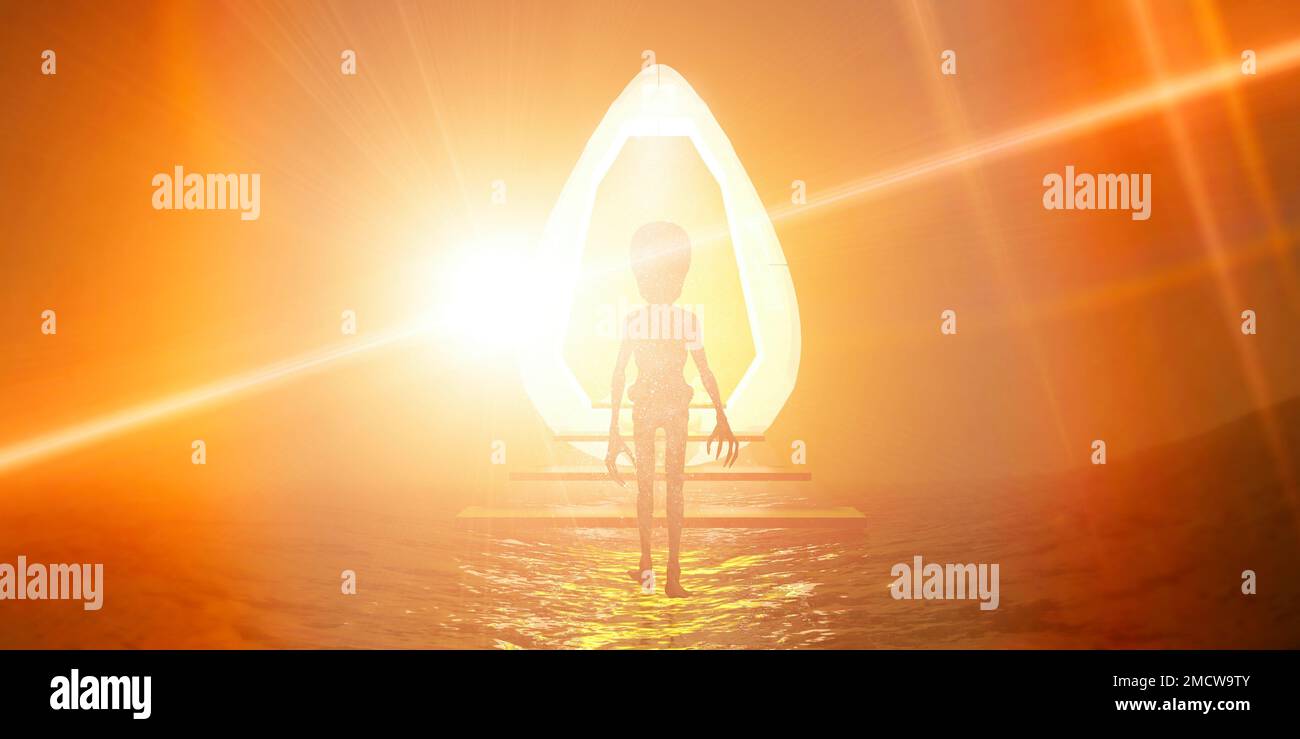 Portal mit anderen Welten, außerirdisches Raumschiff. Tür zu anderen Abmessungen. Kontakte zu außerirdischen Zivilisationen. UFO. Außerirdischer. Marsmensch. Andere Welten Stockfoto