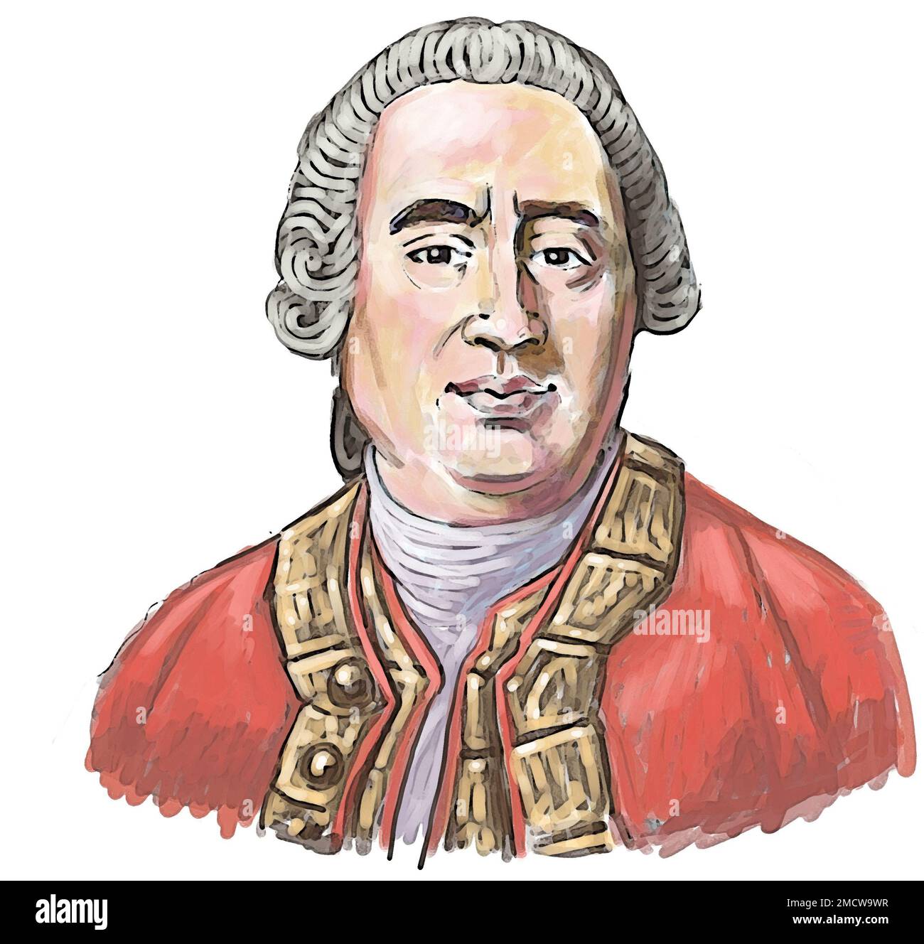 Kunstporträt des schottischen Aufklärungsphilosophen, Historikers und Ökonomen David Hume, bekannt für philosophischen Empiriismus, Skepsis und Naturalismus. Stockfoto