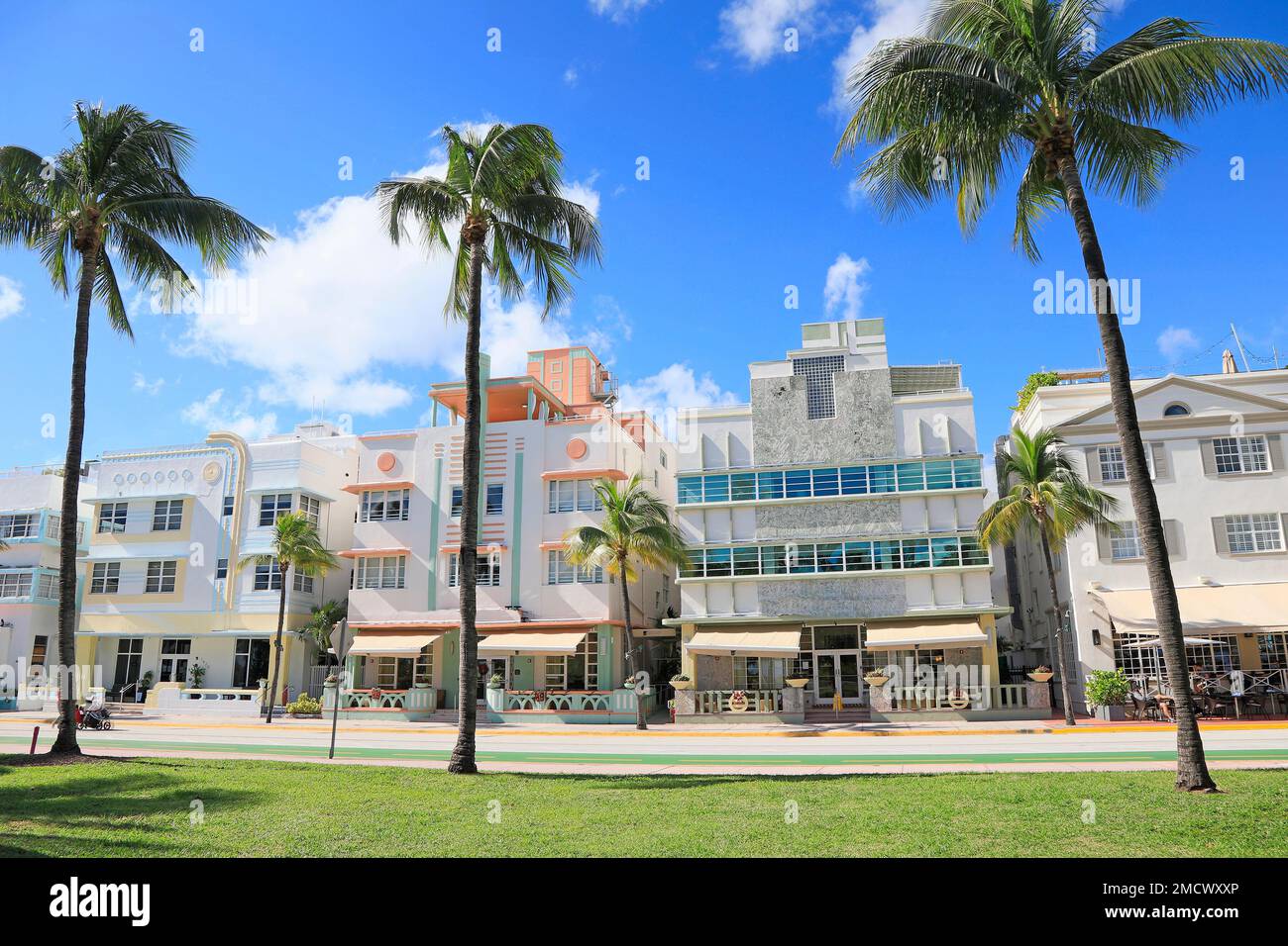 Morgenstimmung am Ocean Drive, Art déco Historic District in Miami Beach Stockfoto