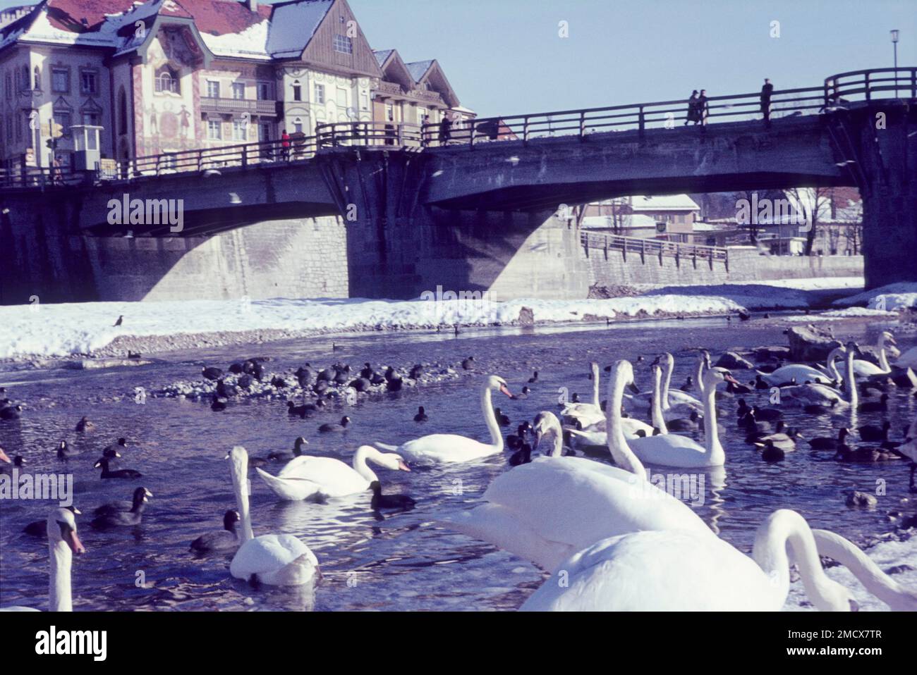 Alte Isarbrücke in Bad Toelz, Marienstift, Fassadenmalerei, Lueftlmalerei, Barock, Geschichte, Gabriel von Seidl, historisch, Sixties, Bad Toelz Stockfoto