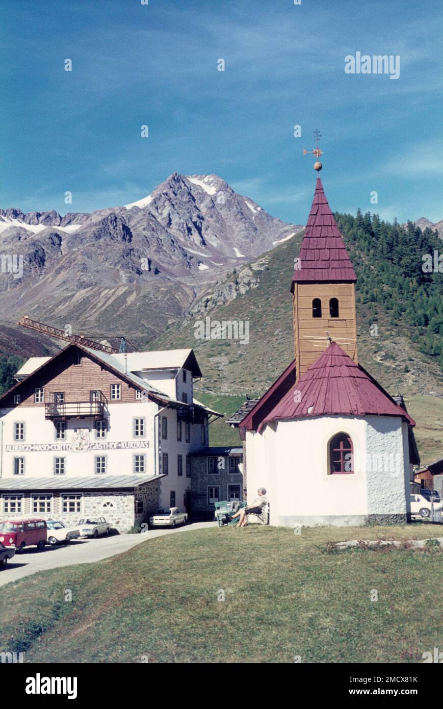 Inn in Kurzras, Autonome Provinz Bozen, Südtirol, Italien, siebziger, siebziger, Historisch, unzerstört, ungebaut, originell Stockfoto